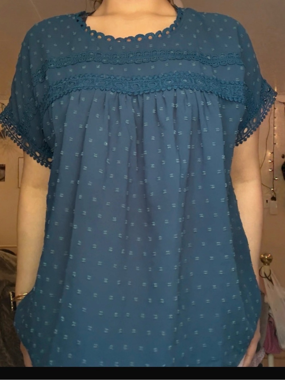Poetsky Navy Crochet Trim Peasant Top